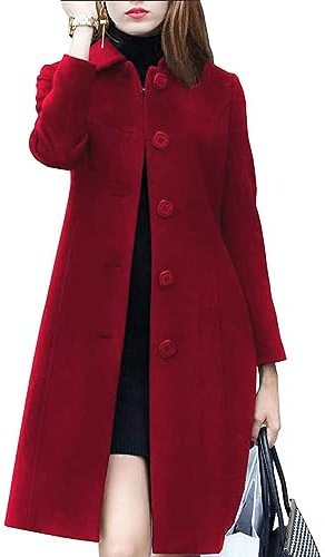Leyoutx Abrigo clásico de mezcla de lana con solapa de un solo botonadura de longitud media y color sólido para mujer, Rojo -, X-Small