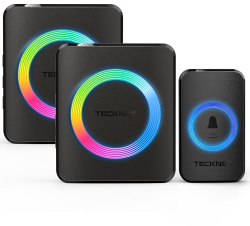 TECKNET Campanello Wireless, Campanello Senza Fili da Esterno Impermeabile, 60 Melodie con 5 Livelli di Volume, Raggio d’Azione 400m(1x Trasmettitore e 2x Ricevitore)
