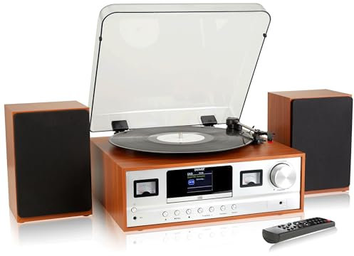 Denver MRD-52 Record Player Hi-Fi System With 2.4-inch Colour Screen - CD Player, DAB/DAB+ & FM Radio, Bluetooth, Aux In, Remote Control, Wooden Body & Speakers – Light Wood, MRD-52LIGHTWOOD