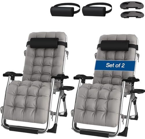 Liegestuhl Klappbar,Liegestühle 2er Set Gartenstuhl mit Fußteil Relaxstuhl mit Liegefunktion outdoor für Camping Garten Büro Balkon Relaxsessel, bis 200kg Belastbar (B-mit Grauem Kissen, 2 pack)