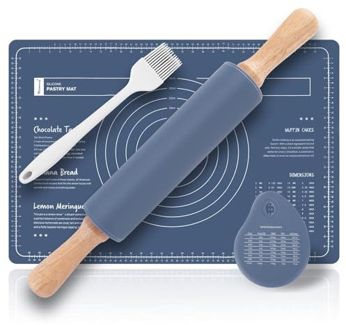 Metamorisy,nudelholz silikon & silikonmatte Kombi-Set,nudelholz holz(38cm)+teigmatte(60X40cm)+teigkarte + Pinsel,teigroller silikon,backmatte(blau)