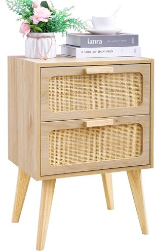 YAUKOMEL Rattan Nachttisch, Holz Beistelltisch mit 2 Hand Made Rattan dekoriert Schubladen, Boho Nachttisch, Beistelltisch Couch mit Lagerung, für Wohnzimmer, Schlafzimmer, Natur,DECTG59Y