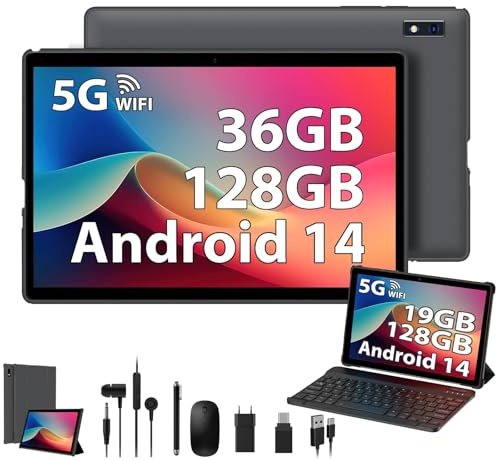 Tablette 10 Pouces, Tablette Tactile avec 36Go RAM 128Go ROM/2To TF, Octa-Core 2.0GHz, 5G WiFi, WiFi 6, Widevine L1, Certifiée GMS, 8MP, Android 14 Tablette avec Clavier/Etui/Ecouteurs/Souris/Stylet