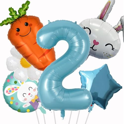 Ballon Paques 6 Pezzi Ballon Lapin Paques Ballon Chiffre 2 Ballon Carotte Fleur Marguerite Etoile Hélium Ballons pour Pâques, Baby Shower, 2 An d'Anniversaire Décoration (2 Ans)