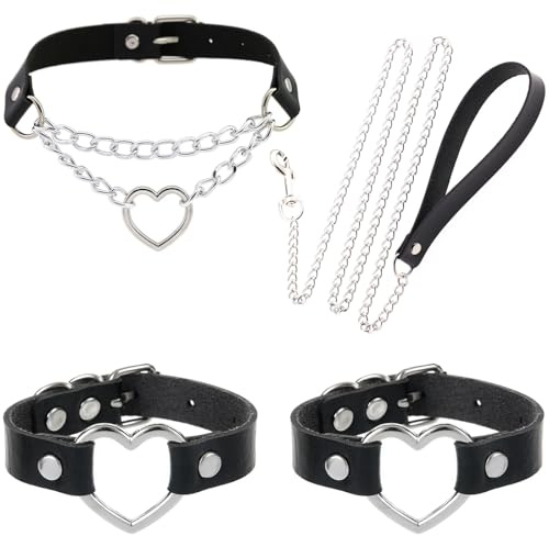 FM FM42 Black PU Simulated Leather Silver-tone Heart Ring with Chain Leash Collar Choker Necklace and Bracelet Set