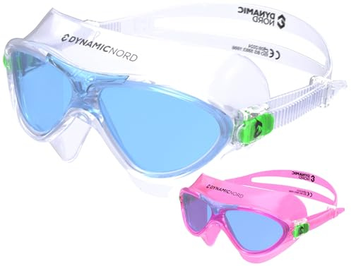DYNAMICNORD Endurance Junior Simglasögon/-mask för barn i åldern cirka 2-6 år, imskydd och repskydd, lätt justerbara, vattentäta, imskyddade och UV400-skydd, 180° panoramavy (Transparent/Blå)