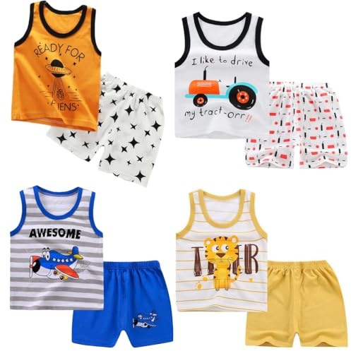 XM-Amigo 8 stycken pojkar barn bebis ärmlös linne topp mjuka linne shorts med shorts kläder set, (3månader-7år), Pojke01, 4-5 anni