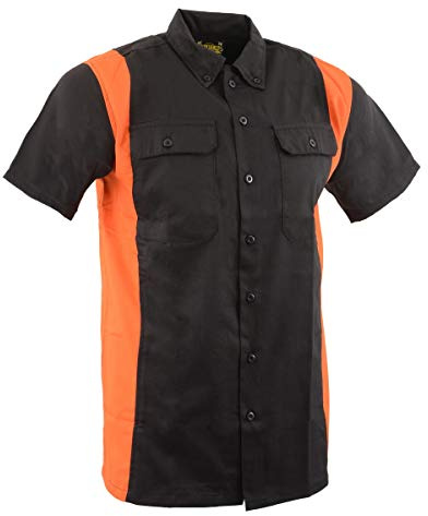 Biker Clothing Co. MDM11675 Men’s Black-Neon-Orange Button-Up Heavy-Duty Work Shirt - Classic Mechanic Shirt w/Pockets - X-Large