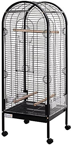 PawHut Jaula para Pájaro Metálica con 3 Perchas de Madera Extraíbles Espaciosa para Loros Canarios Cotorra Papagayo con 4 Ruedas 54x54x151 cm Negro