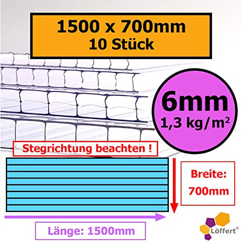 6mm | 10 Stück | 1500x700mm | Löffert® Gewächshausplatten | 1300g/m² Polycarbonat | Stegplatte | 4mm 6mm 8mm 10mm | alle Standard-Größen