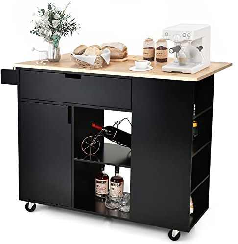 GIANTEX Carrello da cucina con isola, carrelli di servizio rotabili in legno con lama, cassetto, portasciugamani e porta spezie, multiuso con ruote, per cucina e sala da pranzo