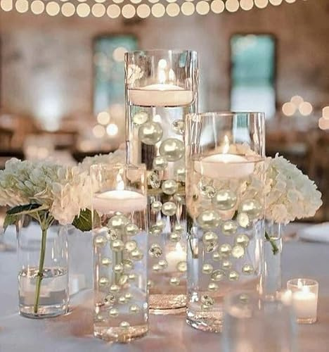 200 Floating Ivory Pearls with Ivory Sparkling Gems- Large Sizes- Fills 4 Gallons of The Floating Transparent Water Gels for Your Vases- with Pre-Measured Prep Bags for Best Results!