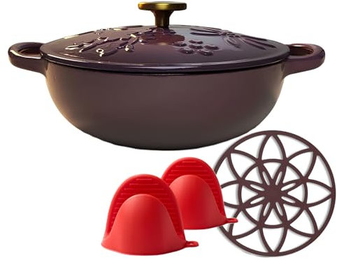 N/A Pentola in ghisa smaltata con coperchio, 24 cm, 4 kg, resistente, robusto, forno olandese, casseruola antiaderente da 3 l, con coperchio, pentole per brasare, arrostire, cuocere il pane.