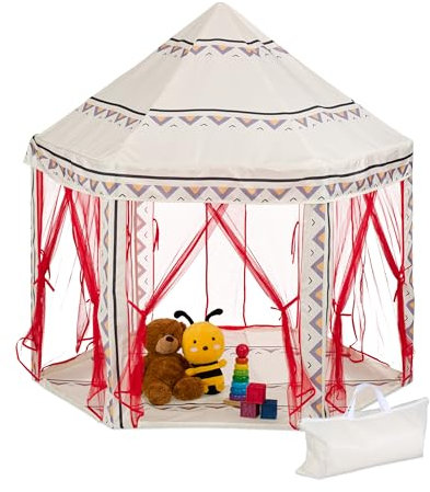 Relaxdays Spielzelt sechseckig, für Kinder, Spielhaus Indoor, HBT: 135 x 140 x 140 cm, Kinderzelt 6 Eingänge, bunt