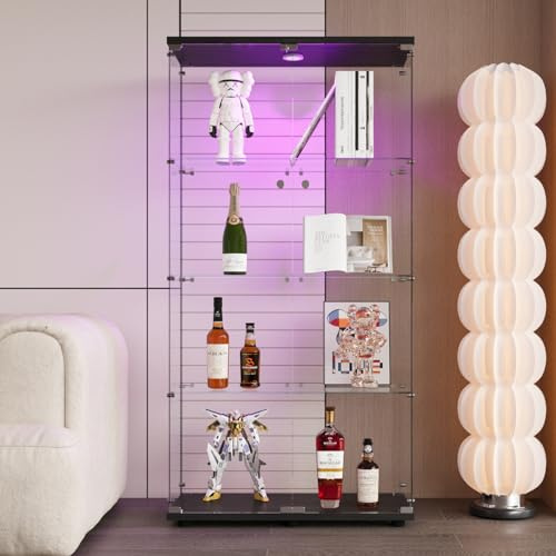 Vetrina in vetro, 4 ripiani, armadio portaoggetti in vetro su piedistallo, vetrina a led, doppia porta, vetrina da collezione, per camera da letto e soggiorno, 80 x 36 x 163 cm (doppia porta con luce,