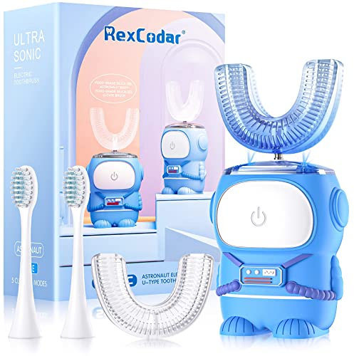 RexCodar Ultrasonic Kid's U-Shaped Electric Toothbrush, IPX7 Waterproof, Five Cleaning Modes, Cartoon Astronaut, 60S Smart Reminder (2-6 Age (Blue))
