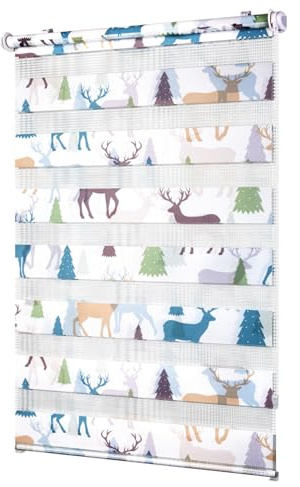 Deswell Doppelrollo mit Muster Weiß-Elch B90 x H120 cm(Stoffbreite 86cm), Doppelrollo Klemmfix ohne Bohren mit Motiv, Duo Rollos für innen Klemmrollo Fensterrollo Fensterrollo für Kinderzimmer