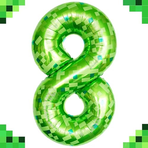 Tourima Riesige Grüne Pixel Miner Thema Folienballons Mining Große Luftballon 8 Geburtstag Mädchen Junge, 100 CM 40 Zoll XXL Folienballon 8, 8 Luftballons zahl, Luftballon 8. Geburtstag Mädchen Junge