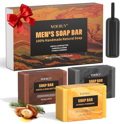 Mens Bar Soap Set, 3PC Natural Handmade Soaps for Face, Body & Shave, Deep Cleansing, Refreshing Bath Soap with Sandalwood & Bamboo Charcoal & Turmeric, Moisturizing Exfoliating Soap Gift for Men-420G
