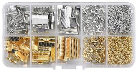 Alide 370 Pieces Jewelry Making Accessories Kit Ribbon End Clamps Lobster Clasps Jump Rings Extension Chains with Storage Box