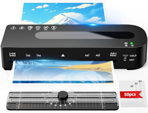 MAXDONE Laminator A4 lamineringsmaskin med 50 lamineringsfolier varmt och kallt | Laminator 80-125 Mic för A4/A5/A6 laminator 90-s uppvärmning för hemmabruk kontor skola foton (svart)