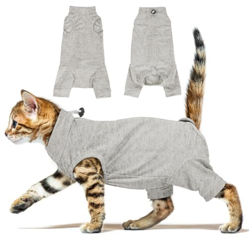 ADNIKIA Cat Recovery Suit with Hind Legs,Cat Onesie After Surgery,Grey S