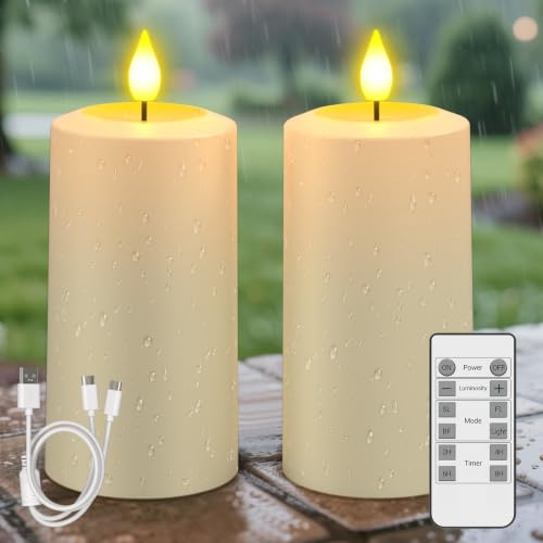 SoulBay Velas recargables impermeables, 2 velas de batería LED sin llama USB-C con control remoto y temporizador, velas de pilar de larga duración de 90 a 200 horas para decoración de jardín, patio