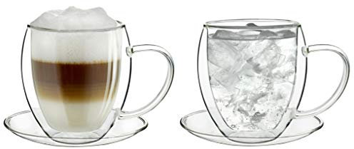 Creano doppelwandiges Thermoglas 250ml, 2er-Set, großes hitzebeständiges Teeglas BZW. Kaffeeglas aus Borosilikatglas, Tasse mit Untertasse, Glas