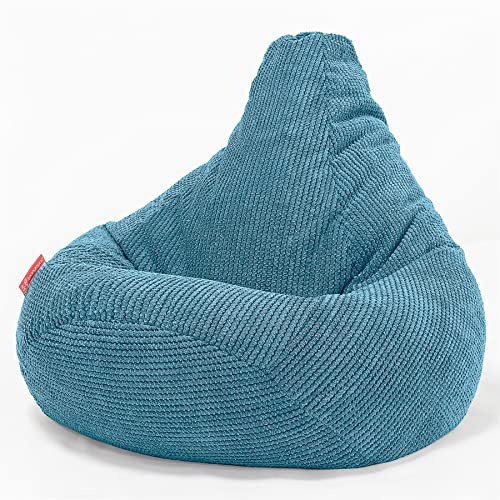 Lounge Pug Highback Gaming Bean Bag Chair, Aegean Blue, Recliner Gamer Seat, Plush Waffle Texture Pom Pom Fabric, Adult Living Room Bedroom