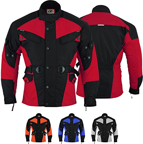 German Wear Herren Motorradjacke aus Textil mit 4 CE-Protektoren - Winddicht Lange Jacke mit Kombizipper aus 4 Schichten - Abnehmbar & Washbar Thermofutter - 8 Taschen protektorenjacke Rot - 60