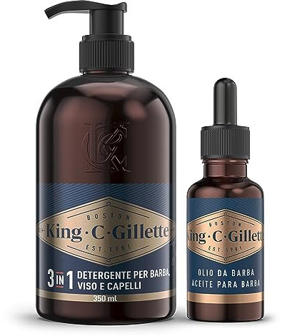 King C. Gillette KIT BARBA UOMO, con Olio Barba Uomo e DETERGENTE VISO UOMO e Barba, Confezione da 30 e 350 ml, per Set Rasatura Completo, IDEA REGALO UOMO