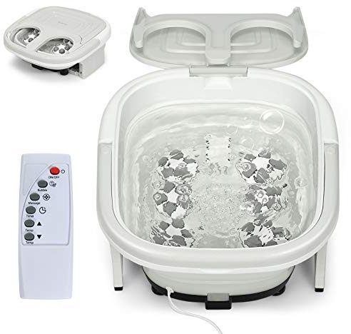 COSTWAY Bain de Pieds avec Mise à Température de l'Eau, Massage Pieds avec Vibration des Bulles, Thalasso Pieds à Cuve Repliable avec Télécommande et Trous de Drainage (Gris)