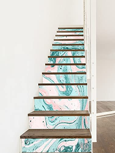 A.Monamour 3D Self-Adhesive Removable Stair Stickers Turquoise and Pink Paints Hand Painted Marble Texture Vinyl Stair Riser Decals Kitchen Tile Stickers Mural Wall Stickers Wallpaper 13 Pieces