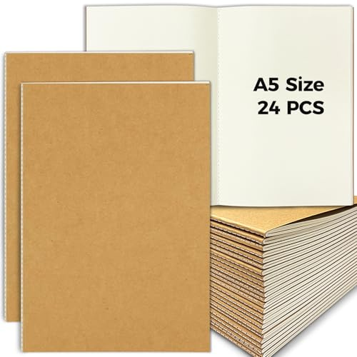 DWIYITTN Pack de 24 Cuadernos A5, Libretas de 30 Hojas (60 Páginas) en Blanco, Tapa de Kraft Marrón – Bloc de Notas para Escribir, Dibujar, Estudiar, Viaje, Escuela u Oficina – 14,5 x 21 cm