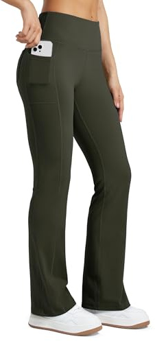 Willit Women's Fleece Lined Flare Leggings Waterproof Yoga Pants High Waisted Thermal Bootcut Winter Trousers Olive Green M
