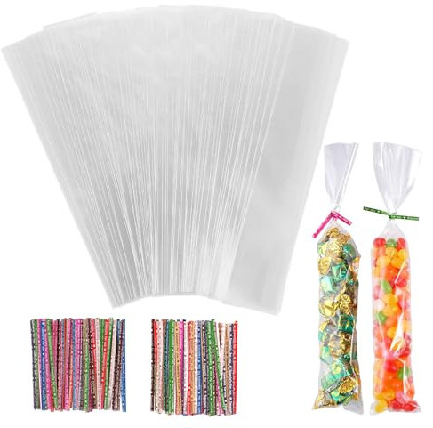 FIHODONE 200 Stück Cellophantüten Klein,25 x 5cm Süßigkeiten Tüten Kekstüten Transparent,Zellophantüten Kleine Plastiktüten mit 200 Stück Satinband,Candybar Tüten für Weihnachten,Hochzeit,Hallowee