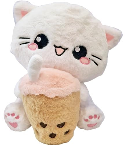 moodrush® 🐱 Boba Cat | Bubble Tea Katze | Plüschtier Kuscheltier Stofftier Kawaii Kitty | Alle Elemente Bestickt | waschbar | ca. 35x24 cm | Versand aus Deutschland