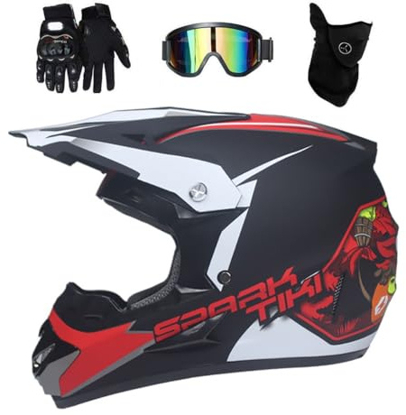 Full Face Motocross Helmet Set, with Goggles Gloves Mask, Youth Kid Off Road Motorbike Karting Scooter Helmet, Downhill MTB ATV BMX Enduro Quad Dirt Bike Crash Helmet ( Color : Red , Size : L/56-57CM