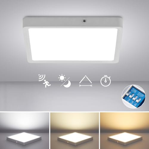 Combuh 18W LED Deckenleuchte mit Bewegungsmelder Innen, 22,5cm Deckenlampe mit Dämmerungssensor, Warmweiß, Neutralweiß und Kaltweiß, 230V Lampe für Flur, Treppenhaus und WC