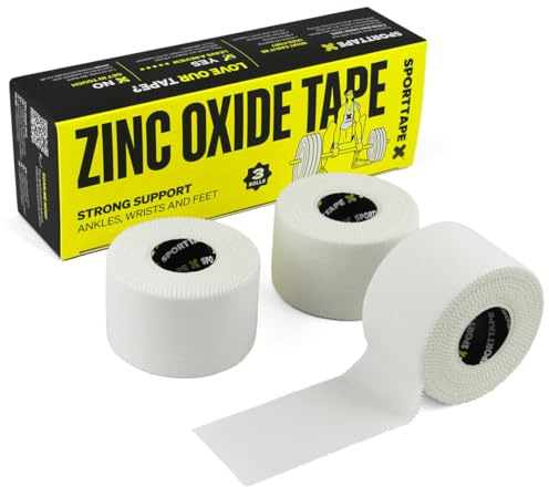 SPORTTAPE 3 Rotoli Nastro Ossido di Zinco 3,8 cm x 10 m | Nastro Sportivo Rigido per Caviglie, Ginocchia e Spalle | Boxe, Rugby, Calcio, CrossFit | Supporto Articolare Anti-Vesciche Strappabile a Mano