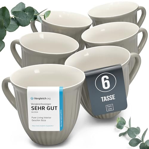Steingut Kaffeetassen 6 Personen Hygge TESTSIEGER, Traumhaftes Skandinavisches Steingut Tassen Set, Stylisches Tee- und Kaffeebecher Set, Pure Living in Hellbraun