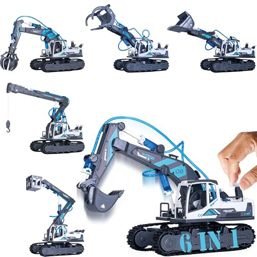 Silvergear® Kit de Construcción Hidráulica Vehículos de Obra | 6 Modelos Diferentes para Montar | Excavadora Juguete y Grúa Hidráulica | Juguete Educativo con 223 Piezas | Gris