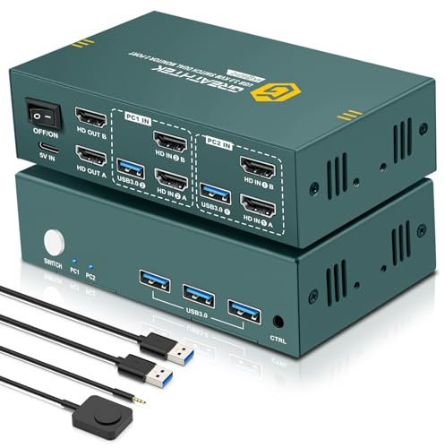 HDMI USB 3.0 KVM Switch 2 PC 2 Monitore, 4K 60Hz KVM-Switches, 2 PC 2 Monitor Switch mit 2 usb-Kabeln zum Teilen von Tastatur, Maus, Drucker und zur Unterstützung von bis zu 3 USB-Geräten