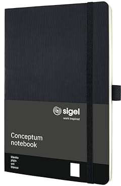 SIGEL CO339 Premium Notizbuch A5 blanko schwarz, Softcover, 194 nummerierte Seiten, nachhaltiges Papier, mit Inhaltsverzeichnis, Stiftschlaufe, Falttasche, Gummibandverschluss, Conceptum