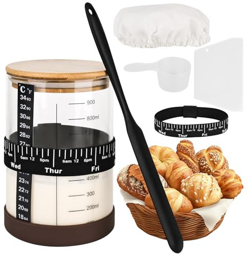 YYTECH Sourdough Starter Jar Kit 1000ml Glass Sourdough Fermentation Reusable Wide Mouth Sourdough Jar for Fermentation with Silicone Spatula, Measuring Spoons, Cloth Cover, Date Feeding Band etc
