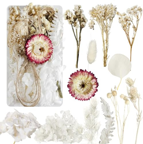 Slvoaujtk Torkade Dekorativa Blommor för Ljus, Bröllopspresenter och Harts, Torkade Naturliga Blommor för Hantverksdekorationer DIY (Vit)