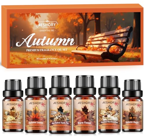 AESHORY Kit Huiles Essentielles d'automne 6 x 10ML, Huile Essentielle Automne Aromathérapie pour Diffuseur, Gâteau Croustillant à la Citrouille, Guimauve Grillée, Feuilles, Tarte aux Pommes Chaude