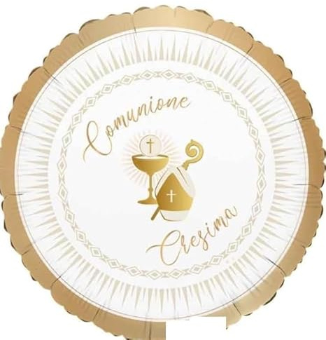 Pallone PRIMA COMUNIONE e CRESIMA - Bianco e ORO con Calice e cappello Vescovo - PALLONCINO in foil Mylar - 45CM - gonfiabile ad aria o elio - stampa oro