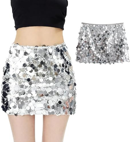 Ormromra Sequin Skirt for Women, Sparkly Mini Skirts for Girls, Glitter Mini Pencil Skirts, Stretchy Bodycon Skirt for Night Out Party, Festival Dance（Silver）