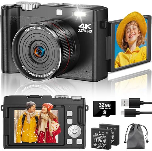 Digitalkamera 4K 64MP Fotokamera mit 180° Flip 2.8 Bildschirm, 18X Autofokus Kompaktkamera mit 32G SD Karte& Zwei Batterien für Kinder Erwachsene Ältere Anfänger